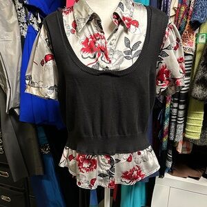 Bay Studio Black Knit Peplum Shell over Red and White Floral Blouse